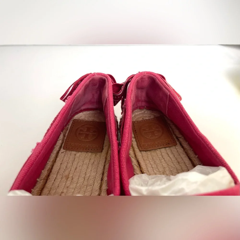 Tory Burch Grosgrains Crisscross Logo Ribbon Espadrilles Flats Red Size 5.5
